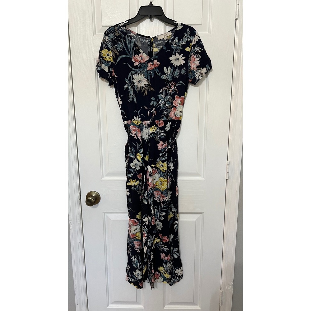 LOFT Navy Blue Floral Short Sleeve Wide Leg Jumpsuit V-Neck Size 2